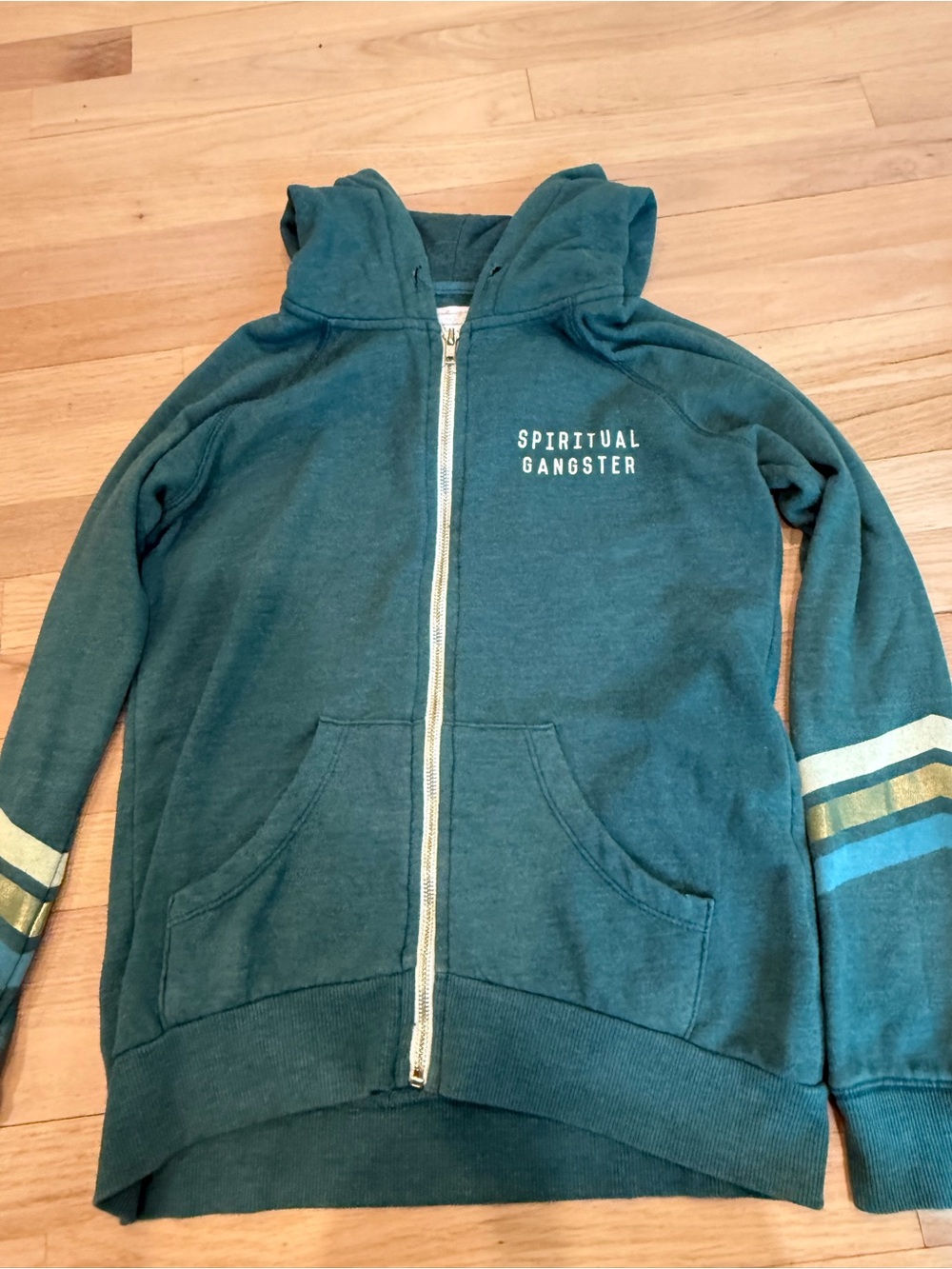 Spiritual Gangster Teal Zip Hoodie with Metallic Stripe Sleeves